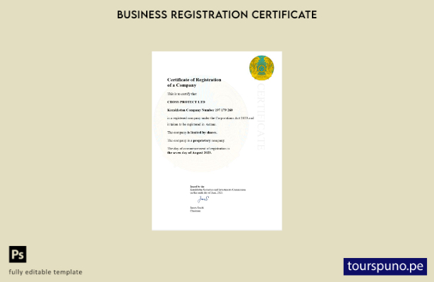 listo para imprimir Plantilla de plantilla de certificado de registro de Kazajst